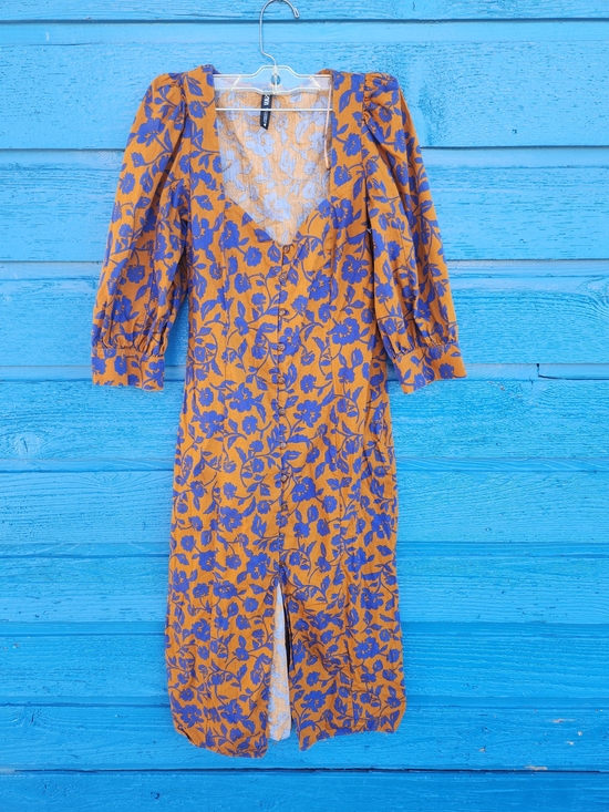 Zara Dresses & Skirts - Zara Mustard Midi Dress with Blue Floral Print
